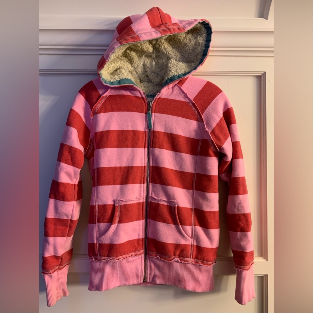 Mini Boden Pink and Red Striped Fleece Lined Zip-Up Hoodie/jacket - Size 13-14Y